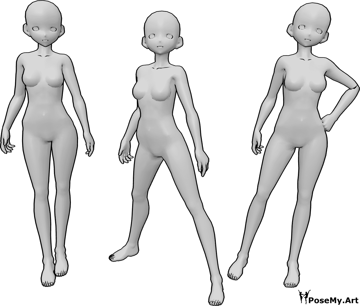 Posen-Referenz- Drei Anime-Frauen posieren - Drei Anime-Frauen stehen und posieren selbstbewusst, wie Models