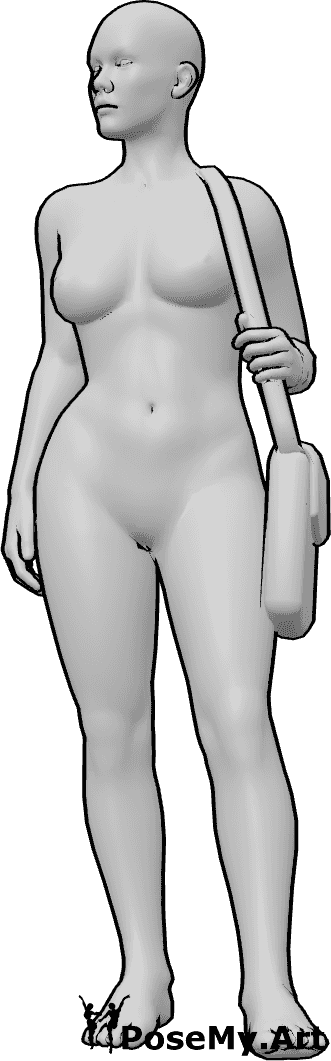 Pose Reference- Female carrying bag pose - Female is carrying a bag on one shoulder, uneven shoulder line