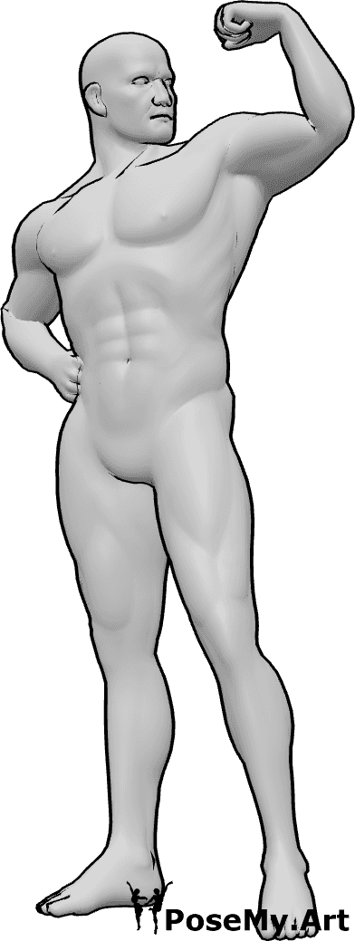 Pose Reference- Male shoulder muscle pose - Male is standing, flexing the muscles of his left arm while posing and looking at his shoulder