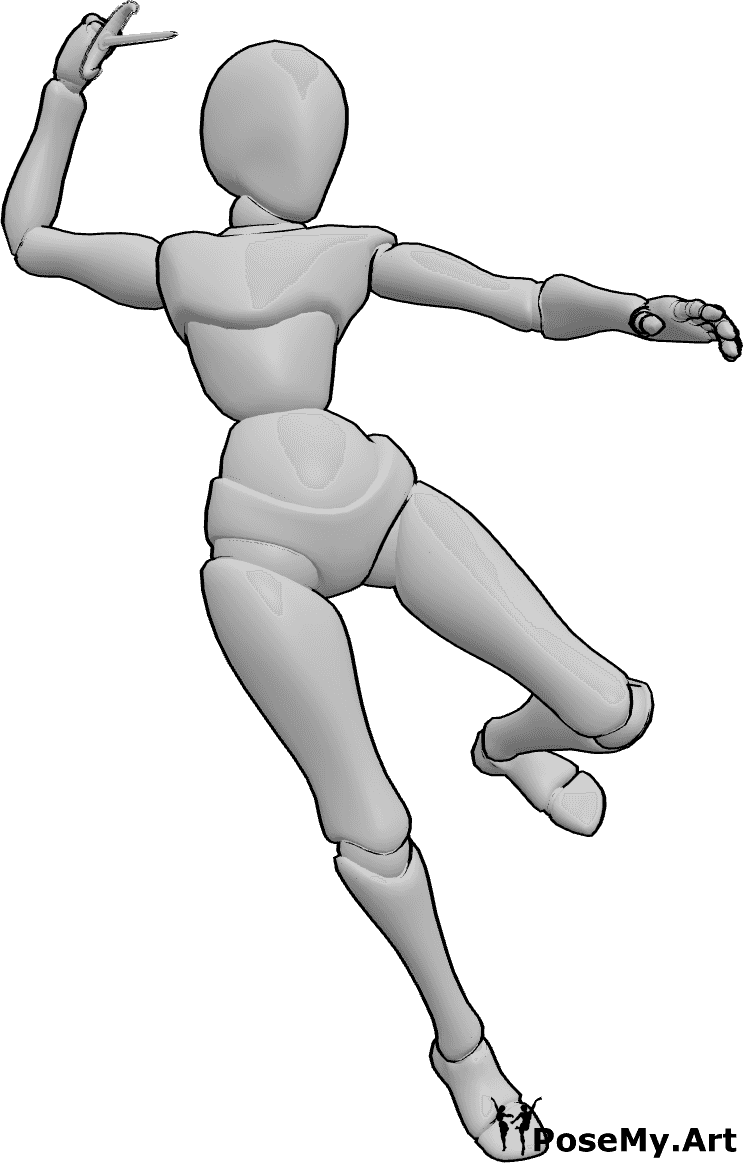 Pose Reference- Female jumping stabbing - Female is mid-jump, holding a sai in her right hand and stabbing forward