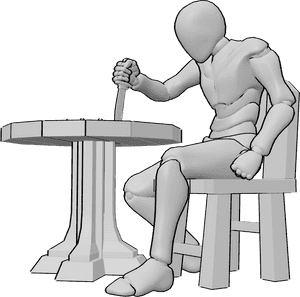 Pose Reference- Table stabbing pose - Angry male is sitting and forcefully stabbing a knife into the table with a sharp downward motion