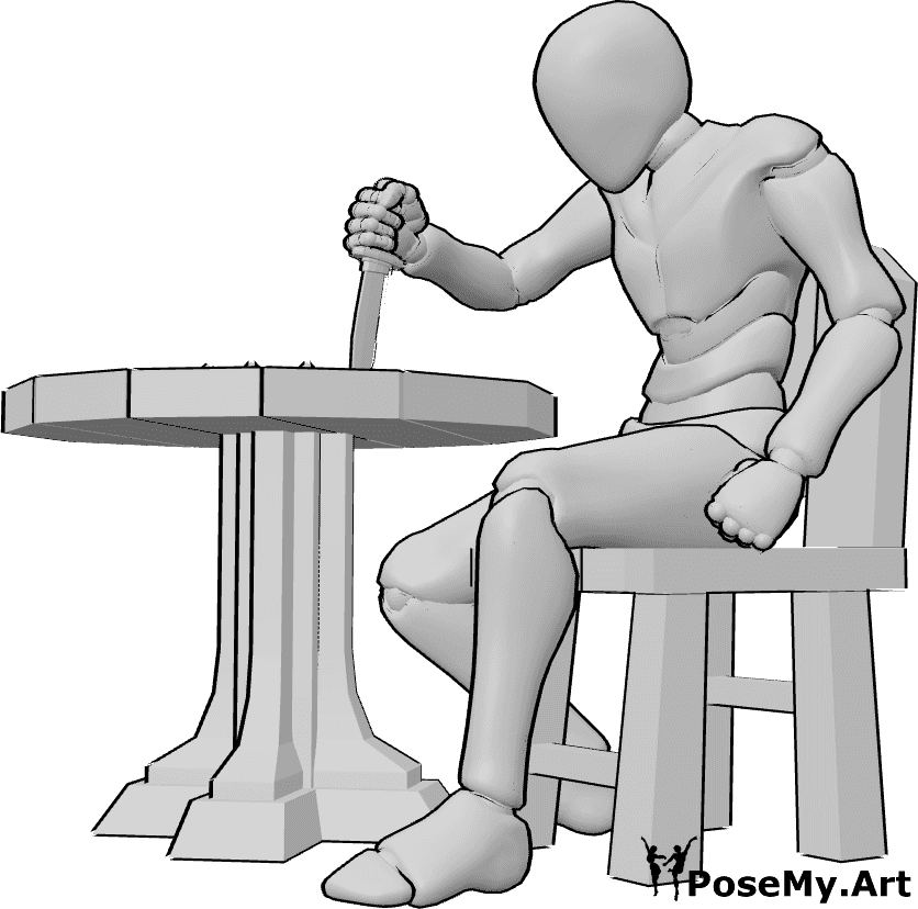 Pose Reference- Table stabbing pose - Angry male is sitting and forcefully stabbing a knife into the table with a sharp downward motion