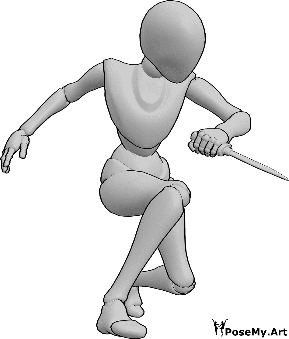 Pose Reference- Low stabbing pose - Female is low stabbing from a crouched position, knees bent and weight forward
