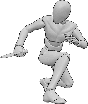 Pose Reference- Crouching stabbing pose - Male is crouching and stabbing with a dagger