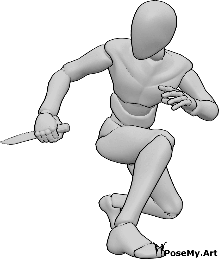 Pose Reference- Crouching stabbing pose - Male is crouching and stabbing with a dagger