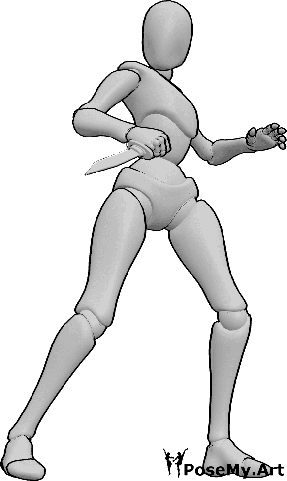 Pose Reference- Sideways stabbing pose - Female is stabbing sideways, hips rotated for added force