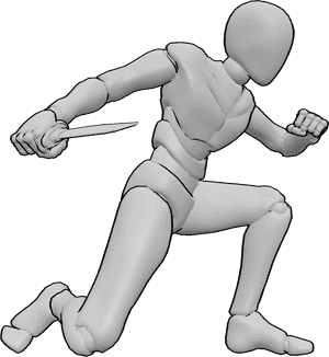 Pose Reference- Kneeling stabbing pose - Male is kneeling and stabbing with a dagger