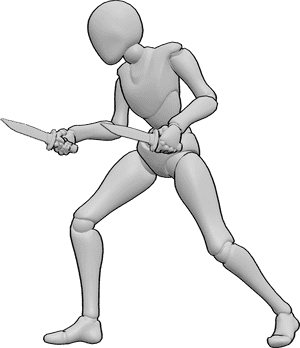 Pose Reference- Dual knife stabbing pose - Female is dual-wielding knives, stabbing forward with both arms