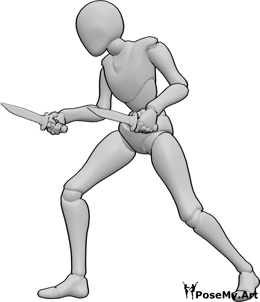 Pose Reference- Dual knife stabbing pose - Female is dual-wielding knives, stabbing forward with both arms