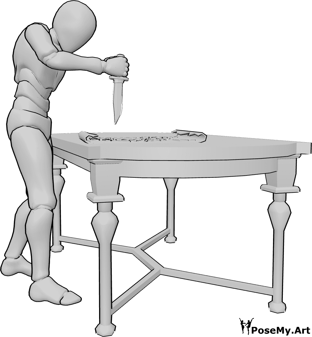 Pose Reference- Map stabbing pose - Male is standing at the table, angrily stabbing a knife into the map