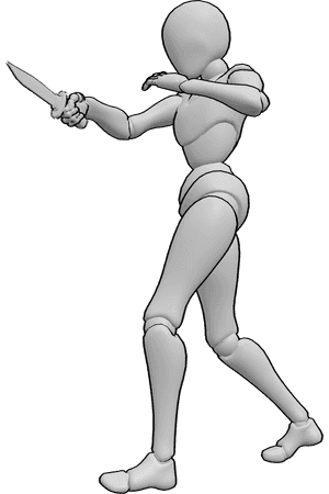 Pose Reference- Self-defense stabbing pose - Female is in a self-defense stance, stabbing while stepping back