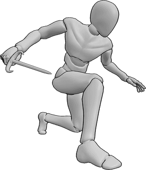 Pose Reference- Assassin stabbing pose - Male is in assassin pose, low and close, delivering a precise stab