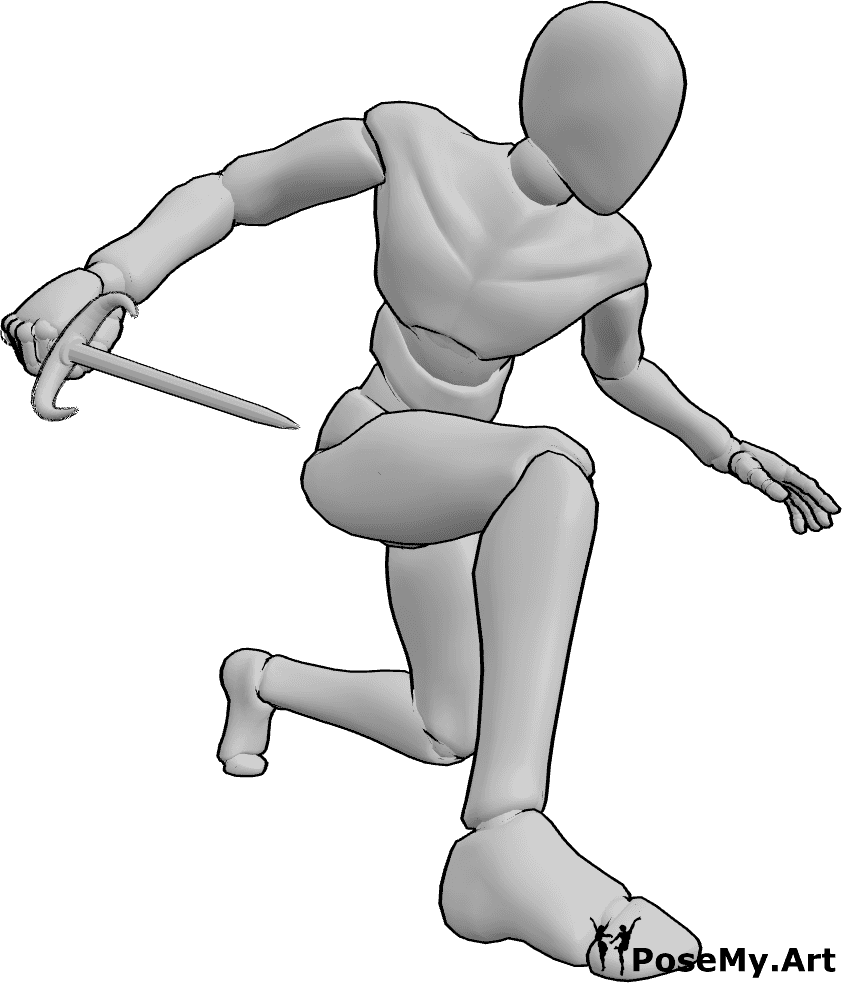 Pose Reference- Assassin stabbing pose - Male is in assassin pose, low and close, delivering a precise stab