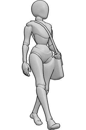 Pose Reference- Carrying bag walking pose - Female is walking while carrying a bag, weight shifted to one side