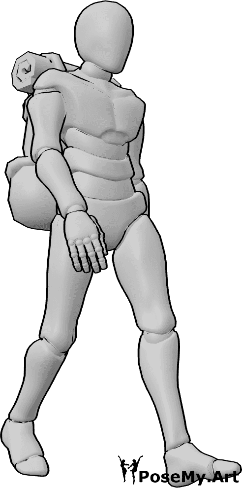 Pose Reference- Backpack walking pose - Male is walking, carrying a bag on his back, male hiking pose