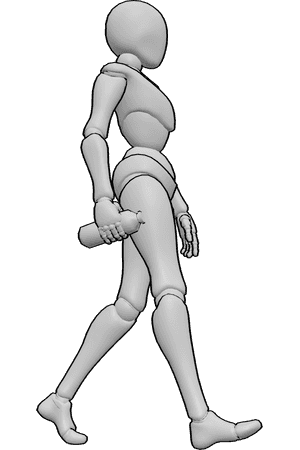 Pose Reference- Walking holding bottle pose - Female is walking, holding a water bottle in her right hand