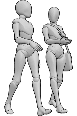 Pose Reference- Females walking talking pose - Females are walking next to each other and talking