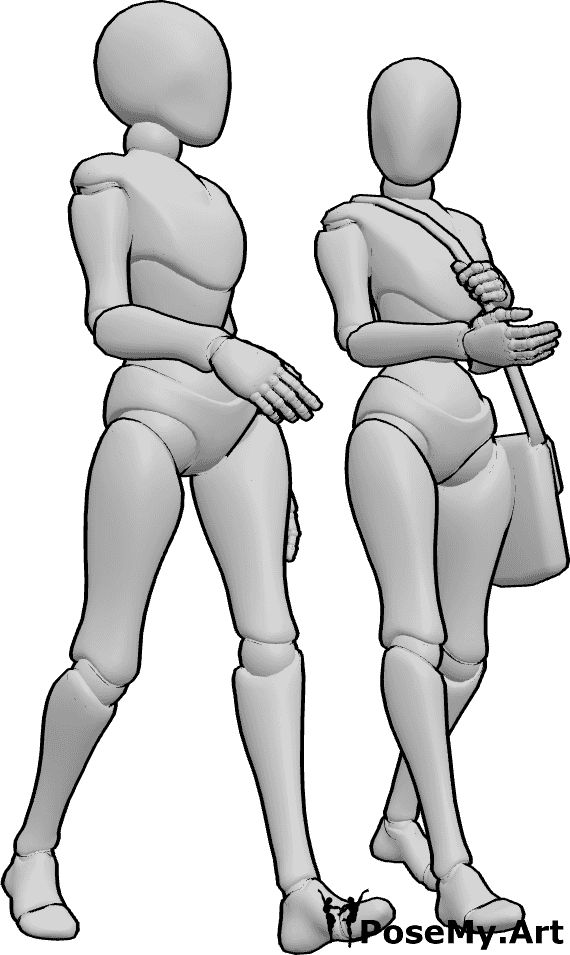 Pose Reference- Females walking talking pose - Females are walking next to each other and talking