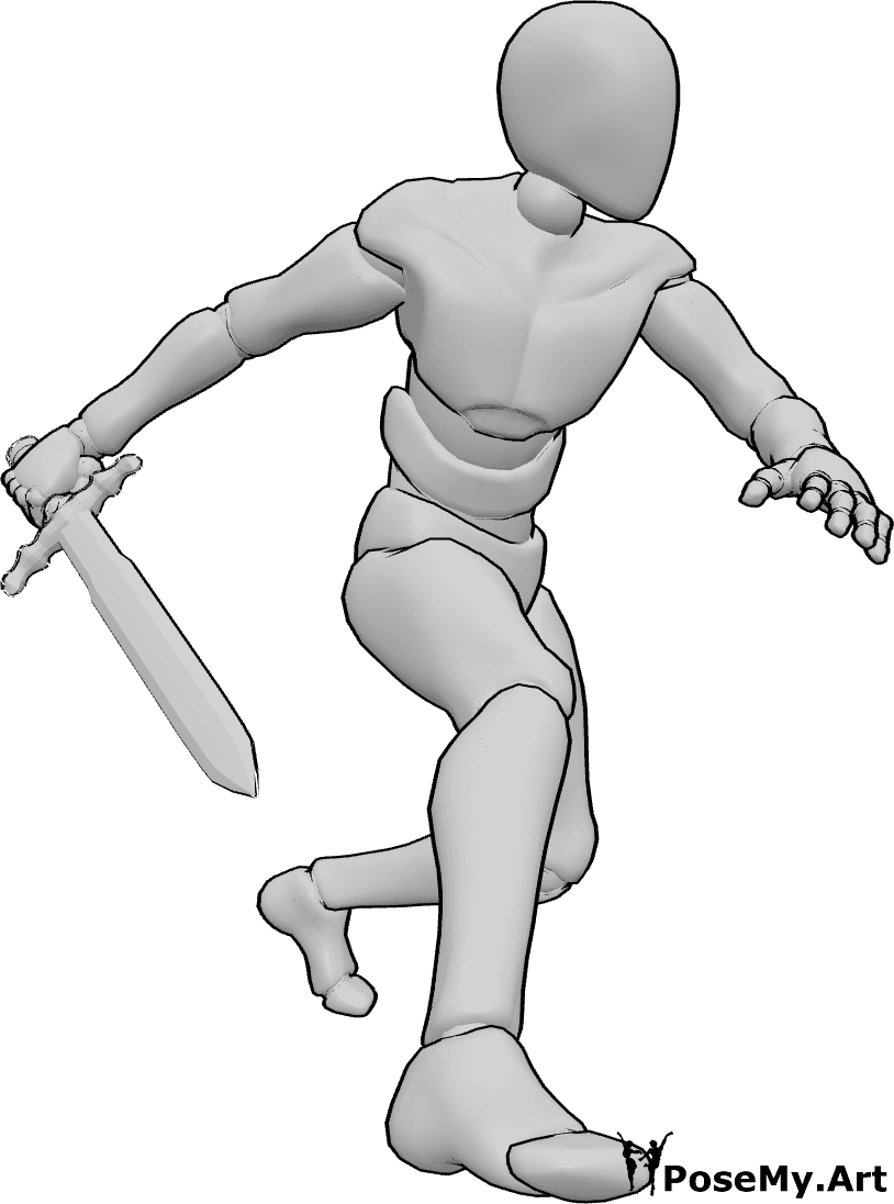 Référence des poses- La posture du coup vers le haut - L'homme porte un coup vers le haut depuis une position accroupie, l'épée à la main droite.