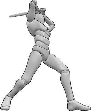 Pose Reference- Male heavy strike pose - Male is raising the sword overhead, preparing a heavy strike