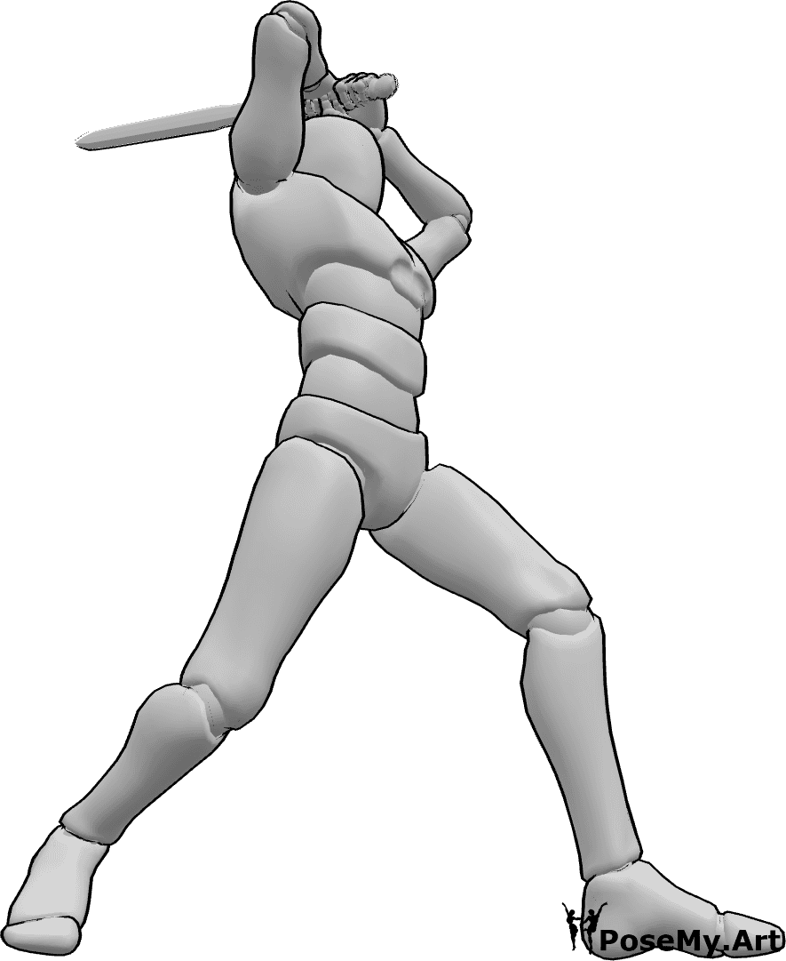 Pose Reference- Male heavy strike pose - Male is raising the sword overhead, preparing a heavy strike