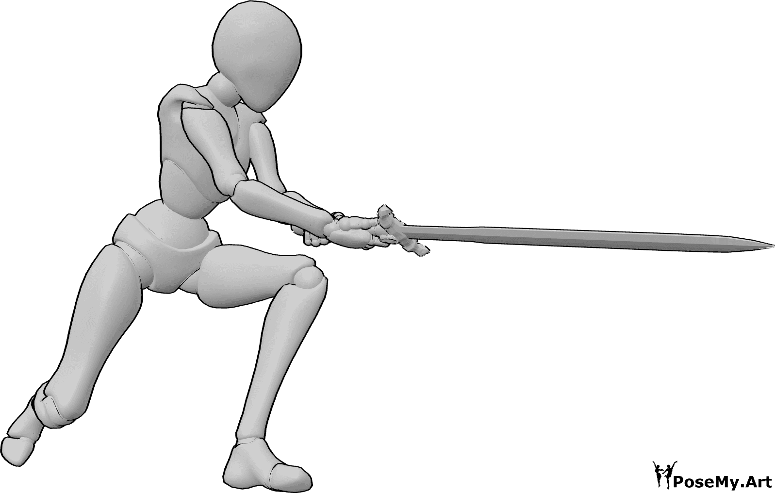 Referencia de poses- Ataque de barrido femenino - La mujer está girando para lanzar un ataque amplio y en arco.