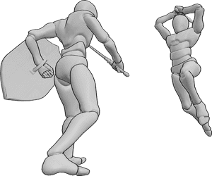 Pose Reference- Male sword attack blocking pose - Male is blocking an attack, sword held diagonally across the body