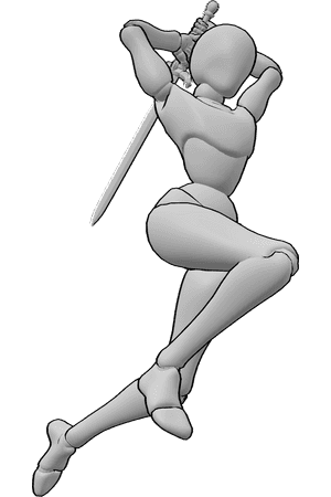 Pose Reference- Female jumping sword action pose - Female is jumping into a slash, knees bent mid-air