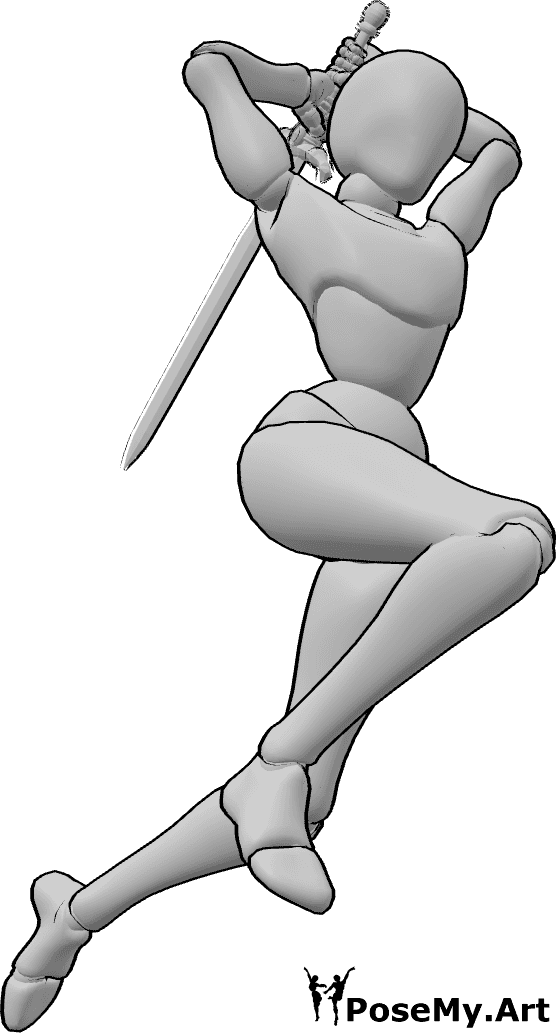 Pose Reference- Female jumping sword action pose - Female is jumping into a slash, knees bent mid-air