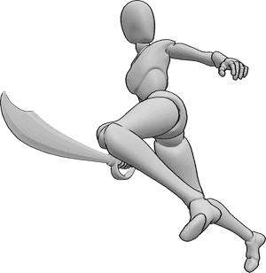 Pose Reference- Female pirate sword action pose - Female is holding a pirate sword in her right hand and slashing while jumping