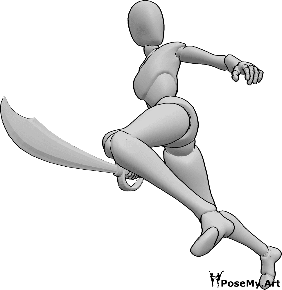 Pose Reference- Female pirate sword action pose - Female is holding a pirate sword in her right hand and slashing while jumping