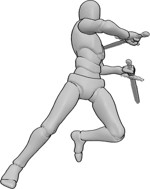 Pose Reference- Dual sword attack action pose - Male is jumping, attacking with two swords, male dual sword action pose