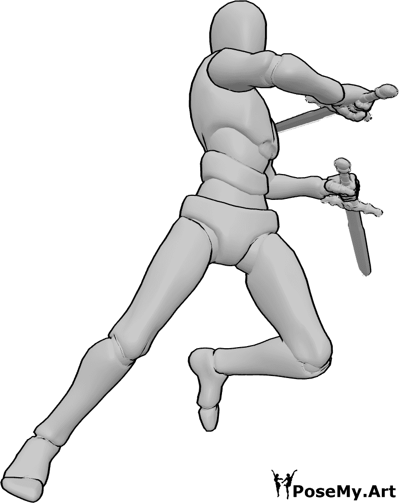 Posen-Referenz- Action-Pose mit Doppelschwertangriff - Ein Mann springt und greift mit zwei Schwertern an – Action-Pose eines Mannes mit zwei Schwertern
