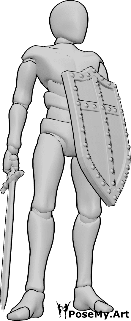Pose Reference- Shield guarded stance pose - Male is standing in a guarded stance, shield forward and sword held back