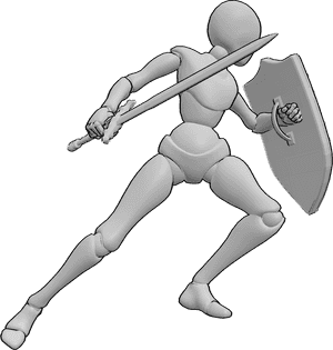 Pose Reference- Female shield attack pose - Female is jumping, shield raised while sword prepares to strike