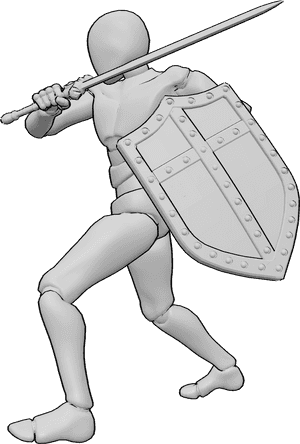 Pose Reference- Mid-swing sword shield pose - Male is mid-swing, shield pulled back for balance