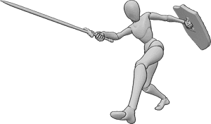 Pose Reference- Slash sword shield pose - Female is rotating her torso, shield pulling back as sword swings wide