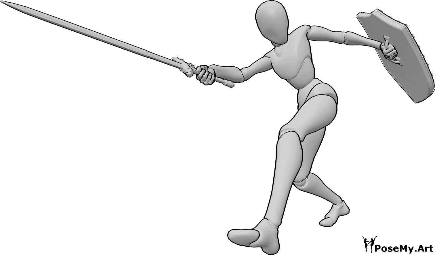 Pose Reference- Slash sword shield pose - Female is rotating her torso, shield pulling back as sword swings wide
