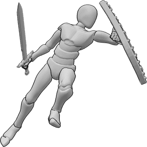 Pose Reference- Jumping knocking attack pose - Male is jumping and knocking an attack aside with the shield