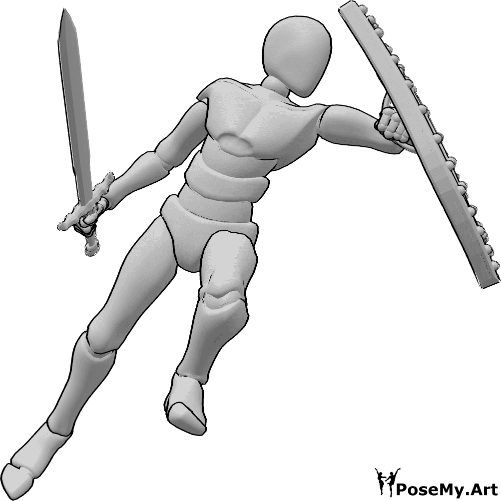 Pose Reference- Jumping knocking attack pose - Male is jumping and knocking an attack aside with the shield