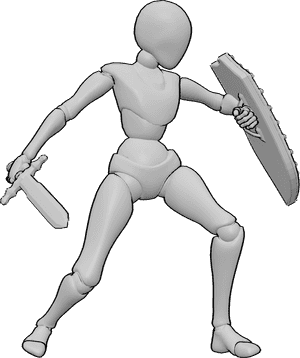 Pose Reference- Female striking sword shield pose - Female is raising the shield to block while striking upward