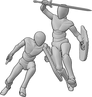 Pose Reference- Male shield bash pose - Male is knocking an opponent off balance with a shield bash