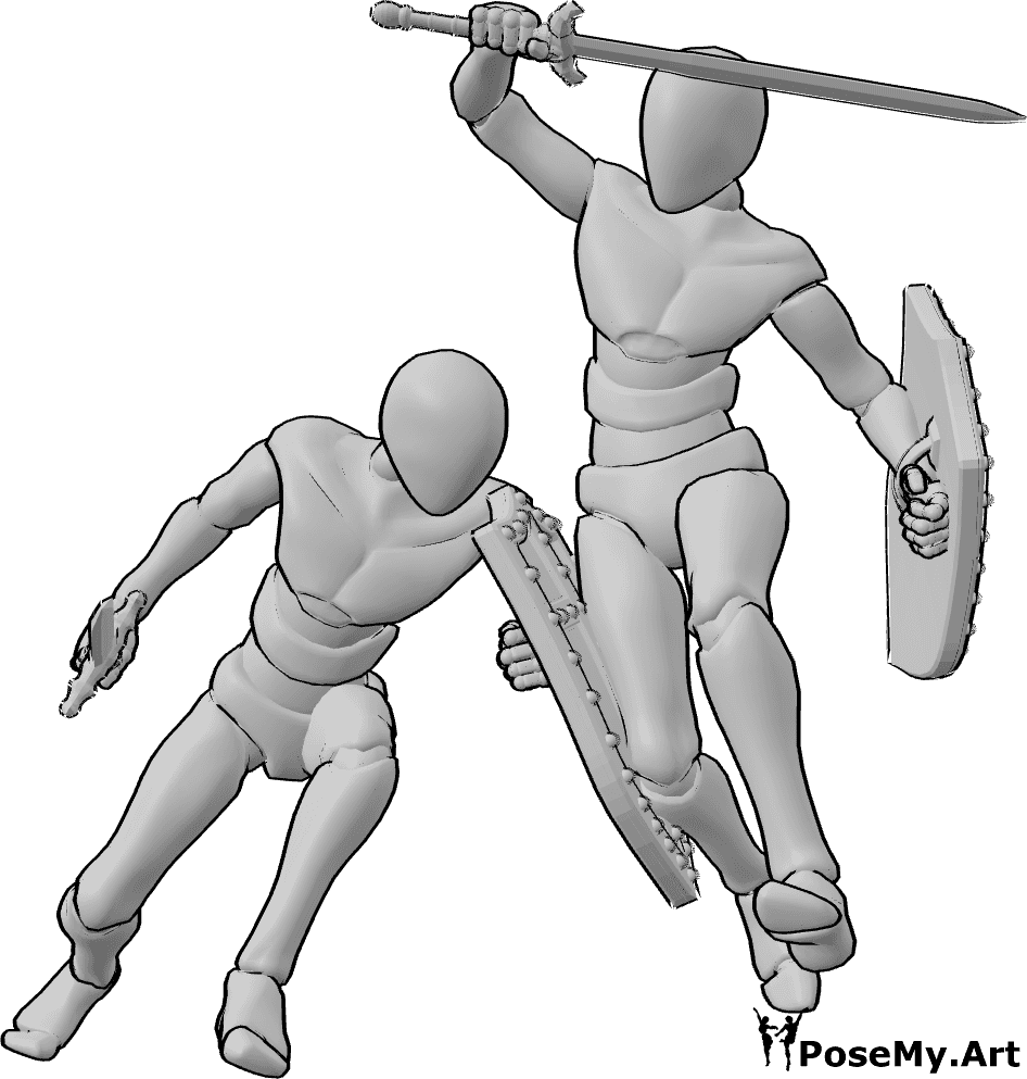 Pose Reference- Male shield bash pose - Male is knocking an opponent off balance with a shield bash