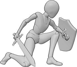 Pose Reference- Female shield defending pose - Female is defending from a low angle, shield near the knees