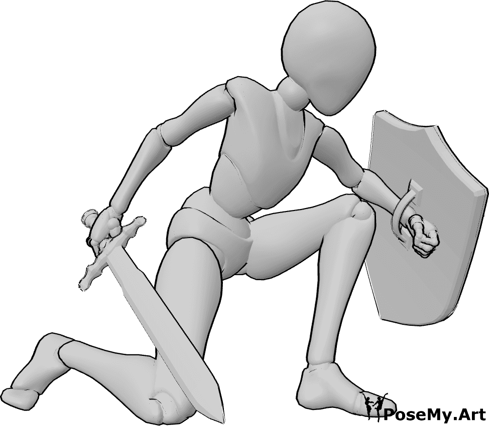 Pose Reference- Female shield defending pose - Female is defending from a low angle, shield near the knees