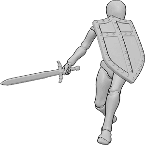Pose Reference- Slashing low shield pose - Male is slashing low while the shield covers his upper body