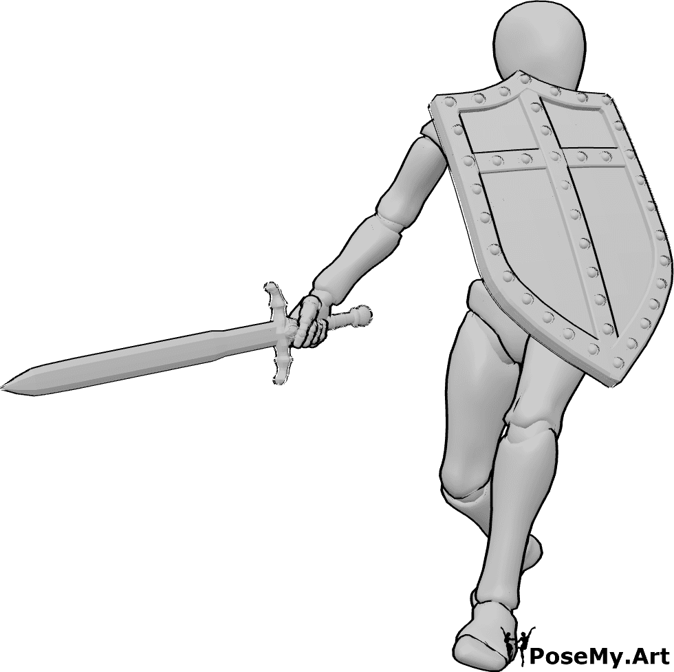 Pose Reference- Slashing low shield pose - Male is slashing low while the shield covers his upper body