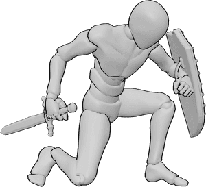 Pose Reference- Crouching shield pose - Male is crouching low, shield protecting the legs