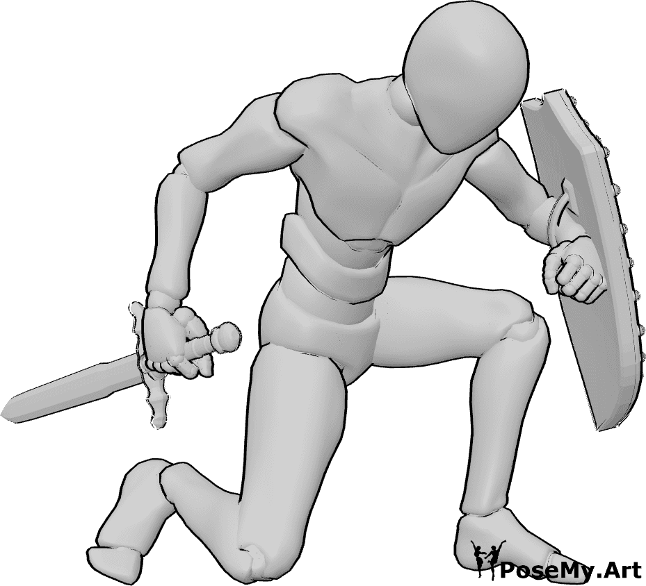 포즈 자료- 쭈그려 앉은 방패 자세 - 남자는 몸을 낮게 웅크리고 있으며, 방패로 다리를 보호하고 있다