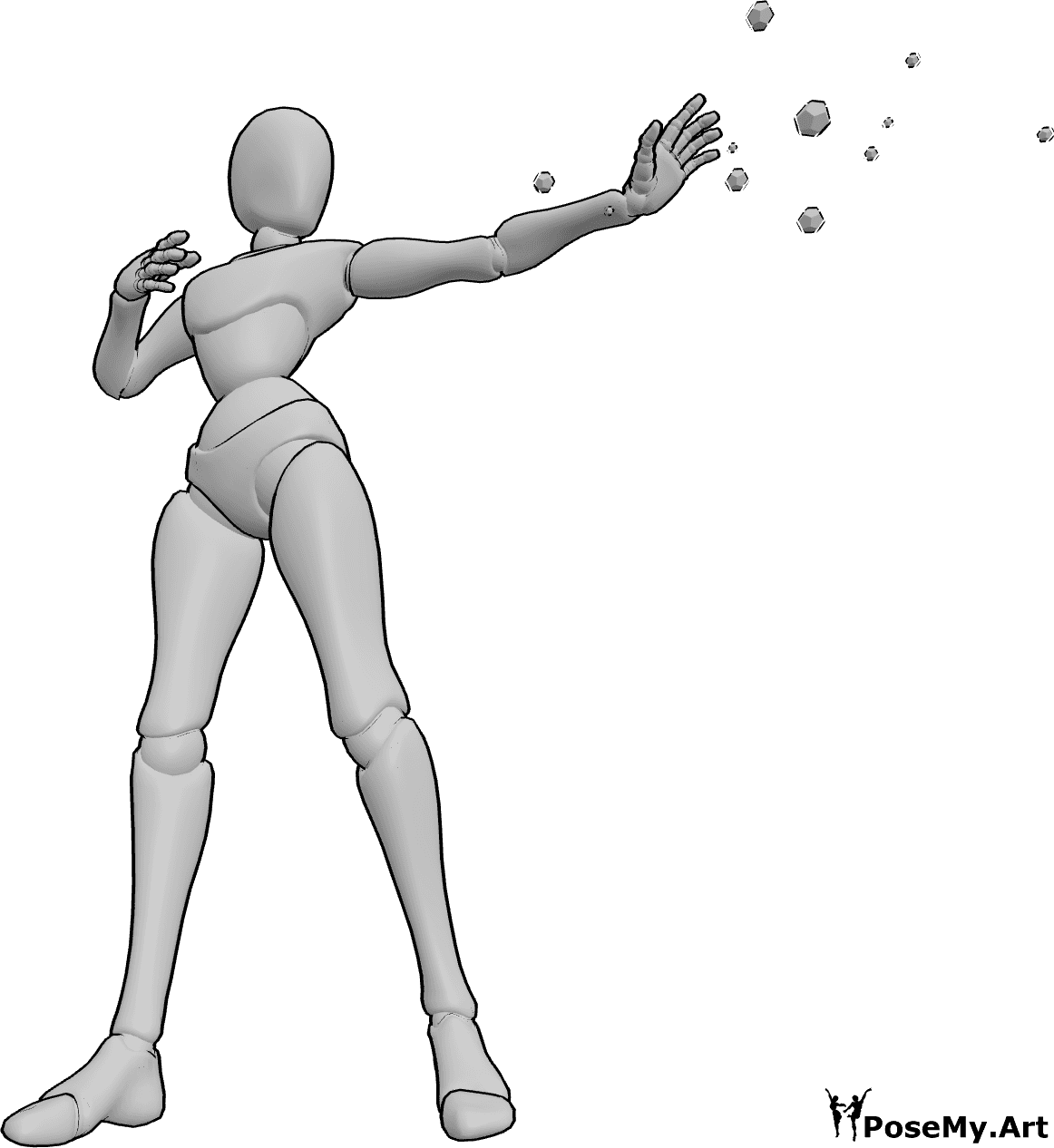 Pose Reference- One hand spell casting pose - Female is standing with one arm extended, casting a focused spell